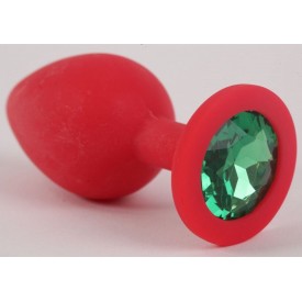 Красная силиконовая анальная пробка с зеленым стразом - 8 см.